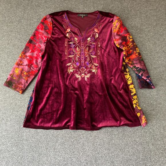 Calessa Embroidered Velour Velvet Tunic Shirt Womens XL Extra Large Burgundy Red - Picture 1 of 10